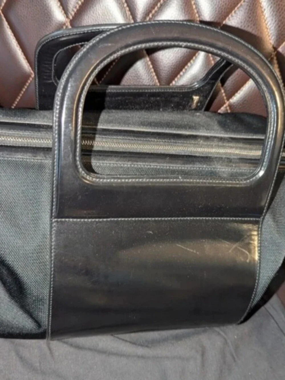 Salvatore Ferragamo Signature Black Leather & Canvas Top Handle Bag W/Strap
